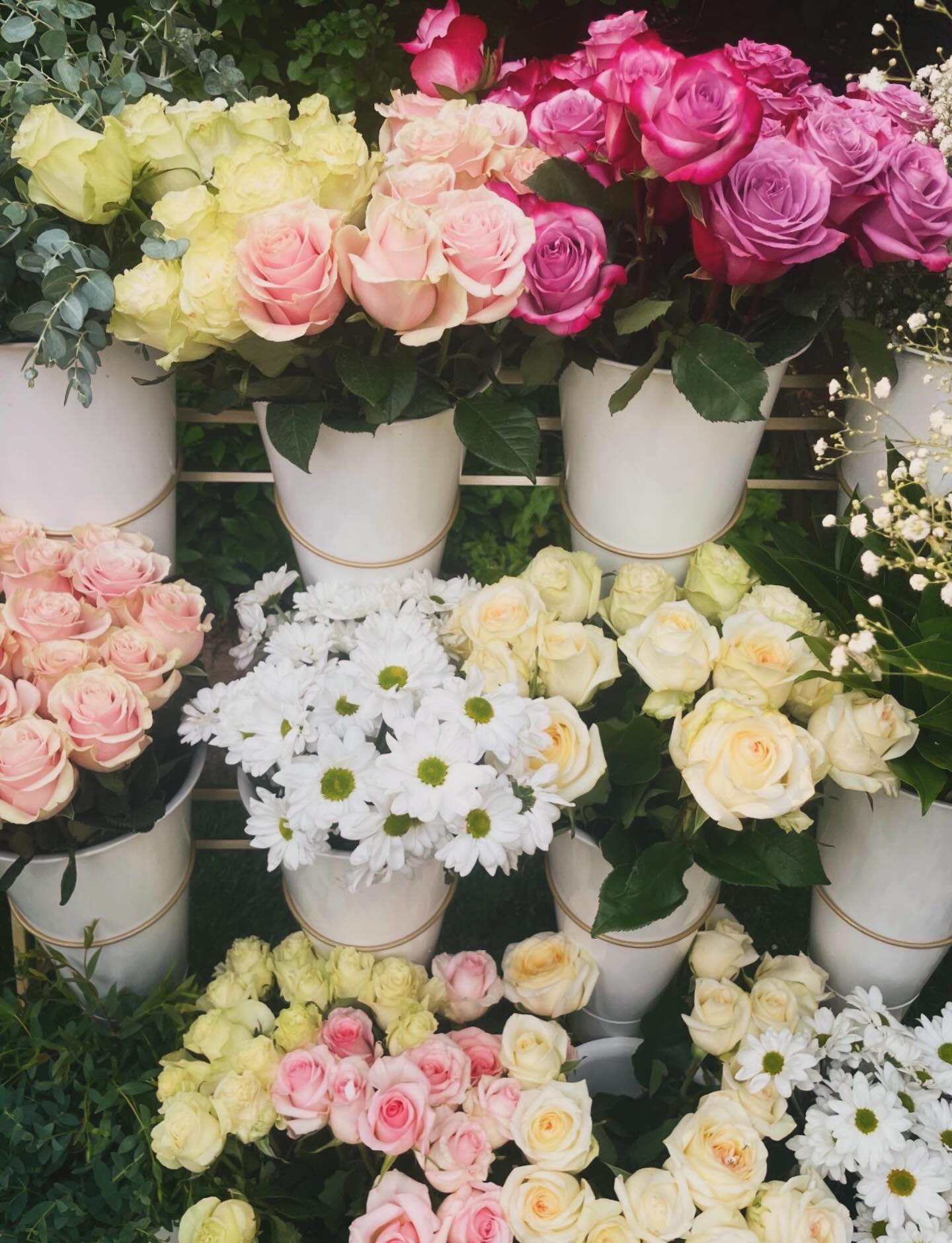 Close-up of pastel roses and daisies in white buckets